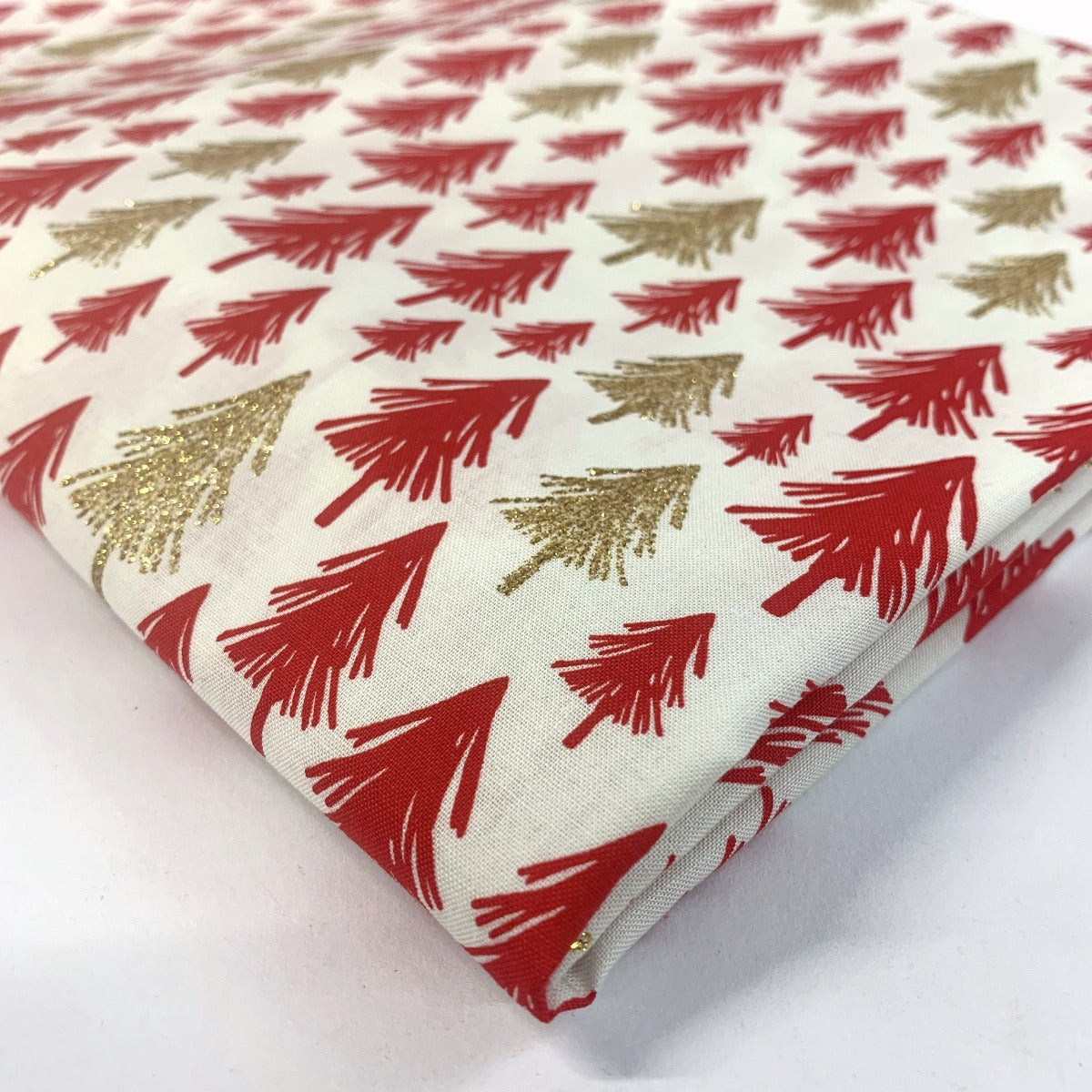 Christmas Cottons Glitter Trees Ivory Red Gold Fold