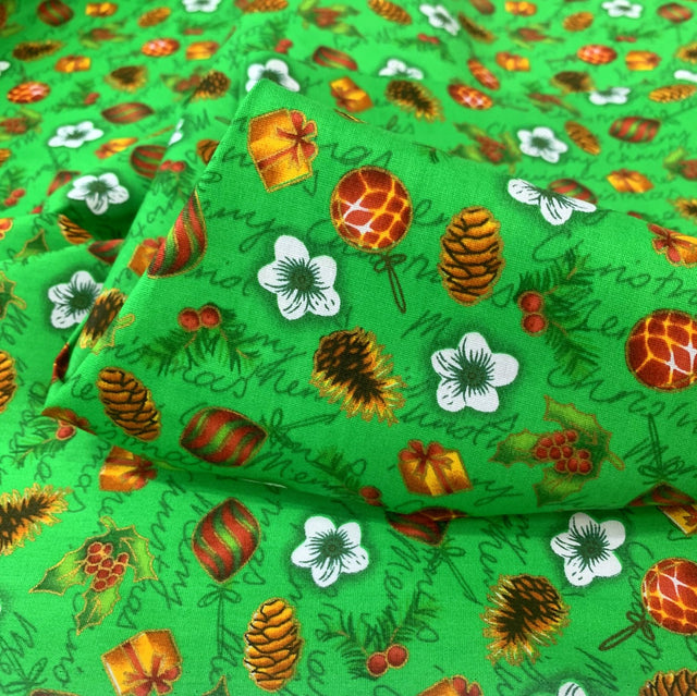 Christmas Green Acorn Cotton Christmas Fabric Cu