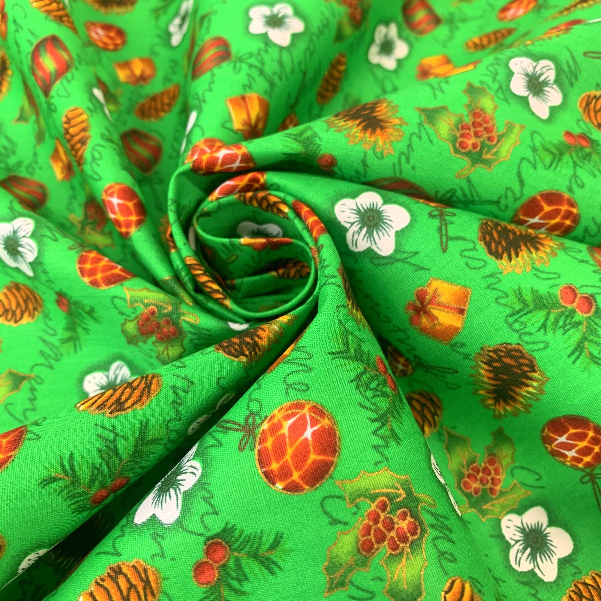 Christmas Green Acorn Cotton Christmas Fabric Cud