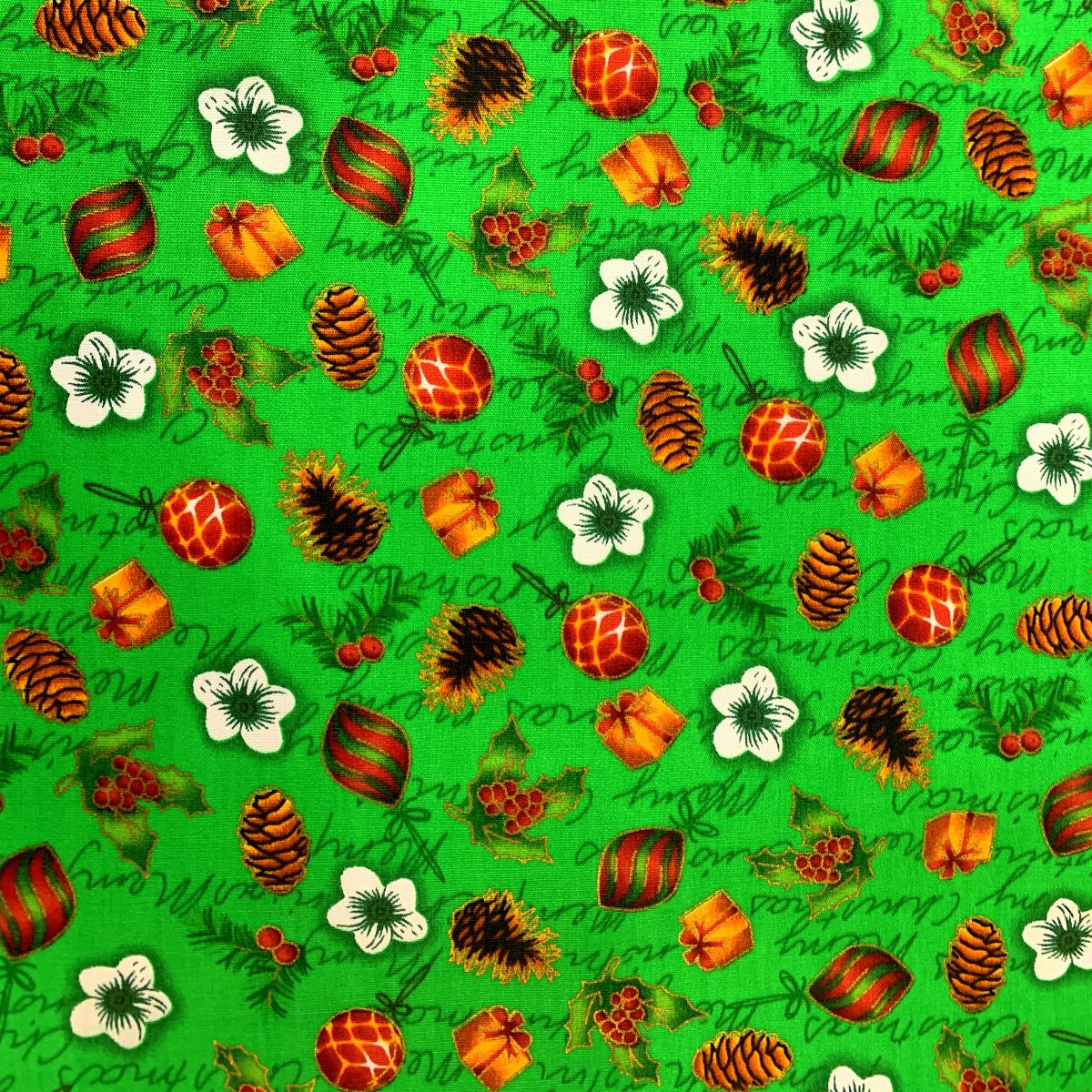 Christmas Green Acorn Cotton Christmas Fabric S
