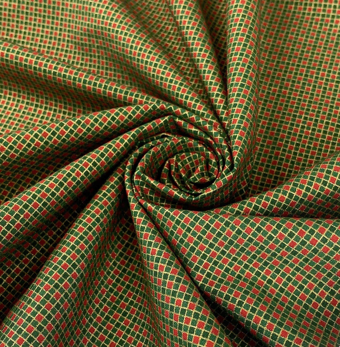Christmas List Cotton Poplin Checked Print In Green Red And Gold Swirl