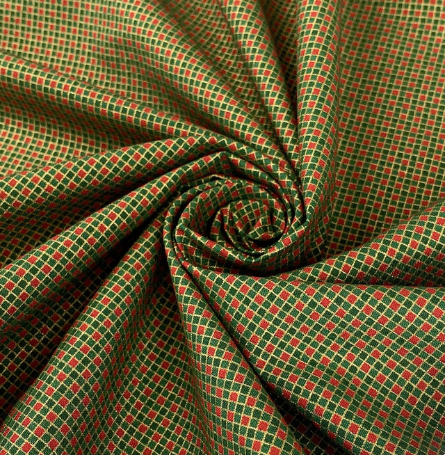 Christmas List Cotton Poplin Checked Print In Green Red And Gold Swirl