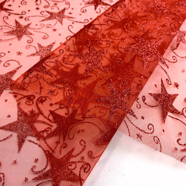 Christmas Organza Glitter Stars Red Christmas Polyester Organza Christmas Fabric Close Up Drape Fabric Photo Custom
