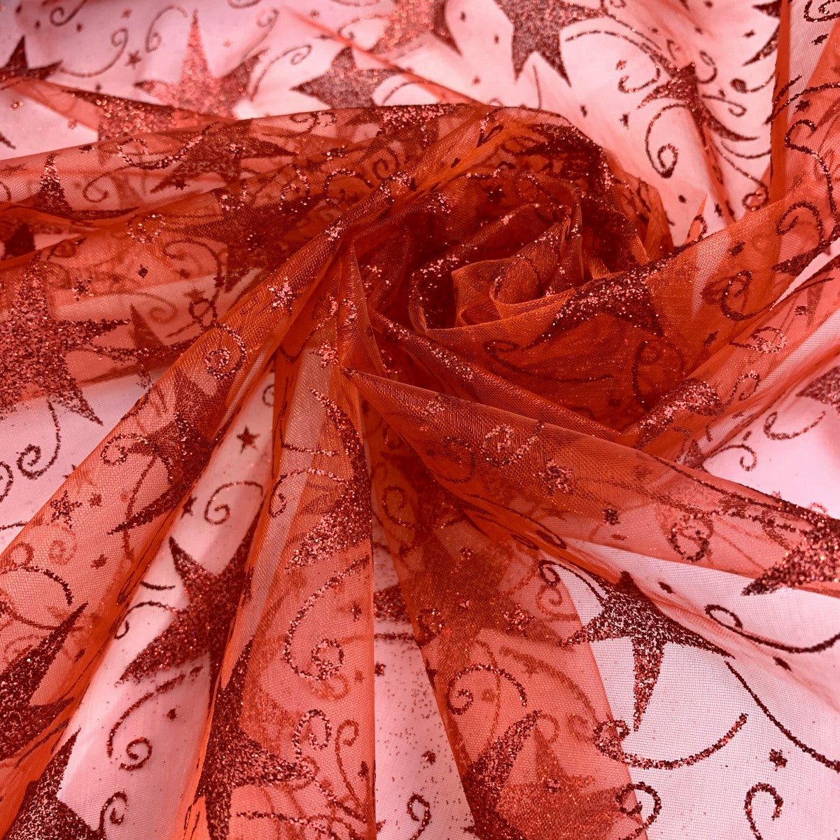 Christmas Organza Glitter Stars Red Christmas Polyester Organza Christmas Fabric Close Up Texture Drape Fabric Photo Custom