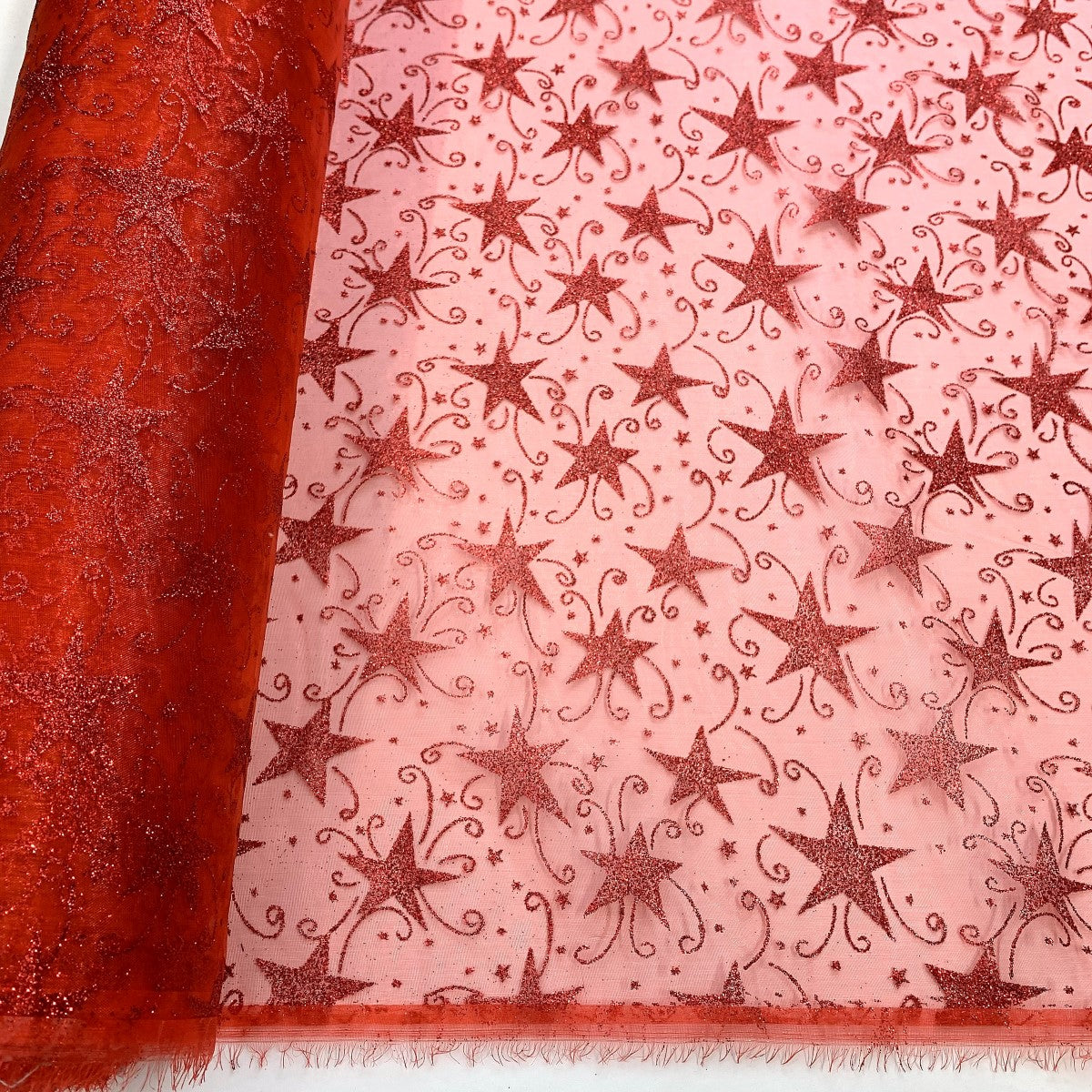 Christmas Organza Glitter Stars Red Christmas Polyester Organza Christmas Fabric Fabric Photo Custom