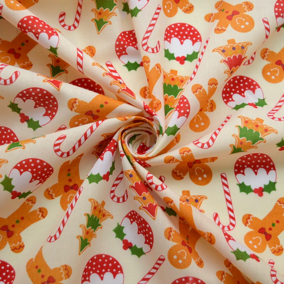Christmas Poly Cotton Gingerbread Man Gingerbread Man Cookies Cream Polycotton Fabric Cud