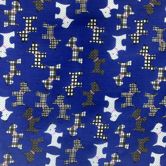 Christmas Poly Cotton Scotty Dog Royal Blue Pattern