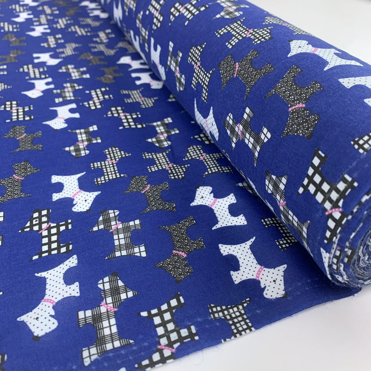 Christmas Poly Cotton Scotty Dog Royal Blue Roll