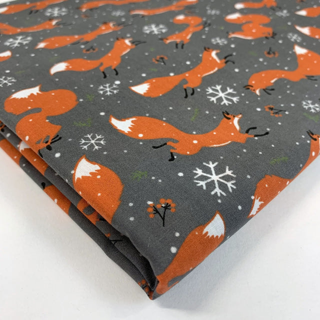 Christmas Polycotton Festive Fox Grey Fold