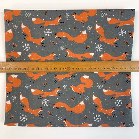 Christmas Polycotton Festive Fox Grey Scale
