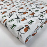 Christmas Polycotton Little Robin White Fold