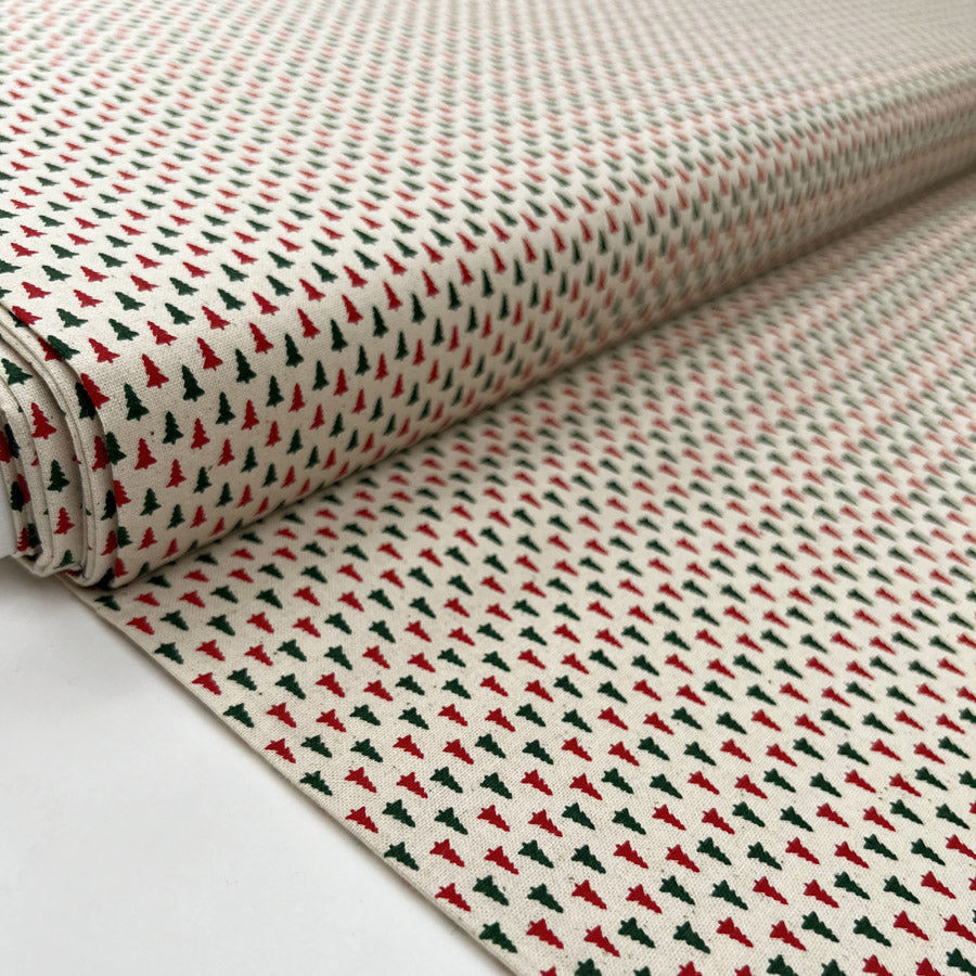 Christmas Cotton Little Fir Green Red Beige Tree Print Craft Fabric Bolt