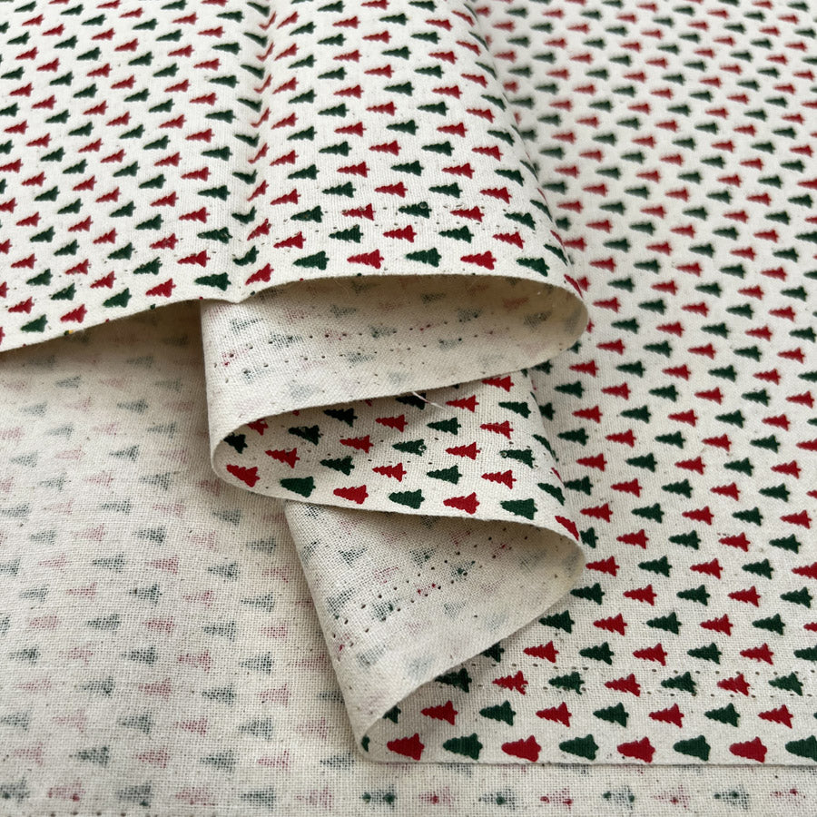 Christmas Cotton Little Fir Green Red Beige Tree Print Craft Fabric Fold