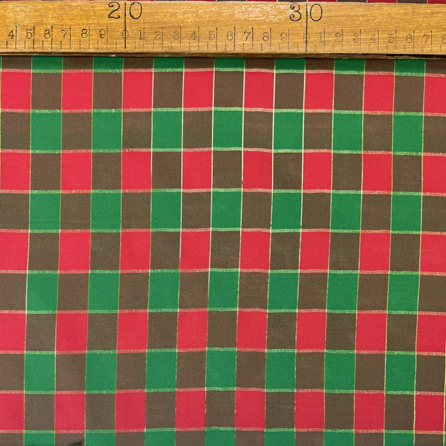 Christmas Craft Fabric Polyester Metallic Green Check Gold Taffeta Gingham Sparkle Ruler