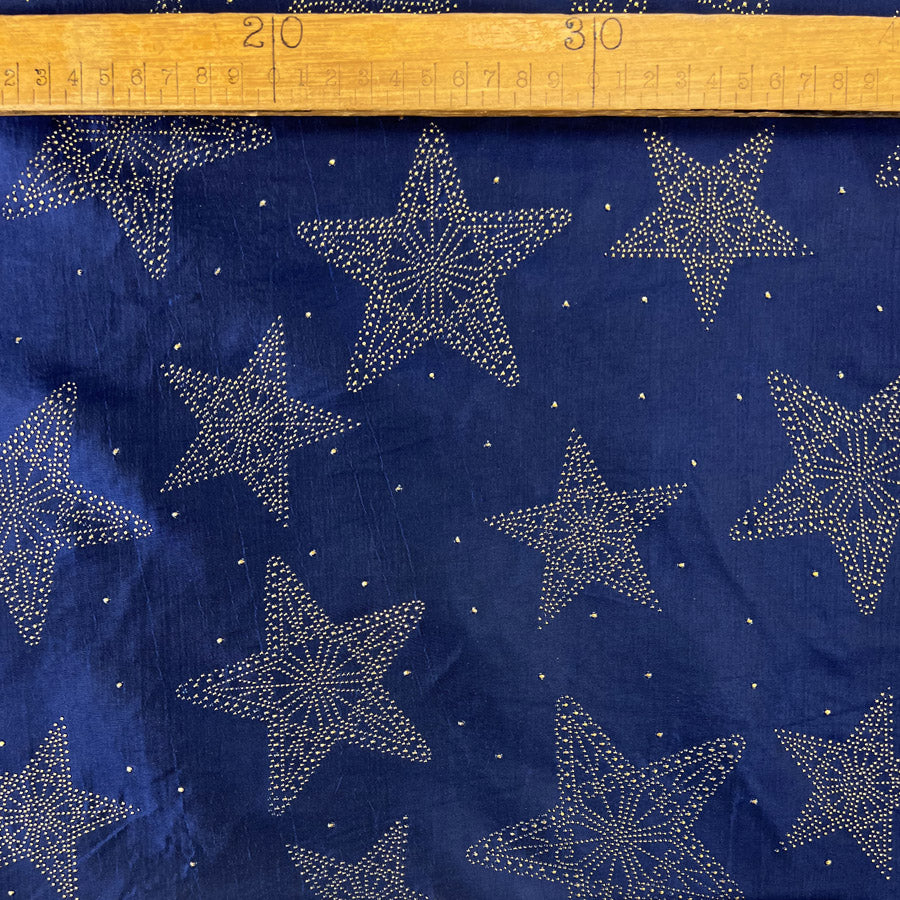 Christmas Craft Fabric Polyester Metallic Taffeta Star Studded Blue Ruler
