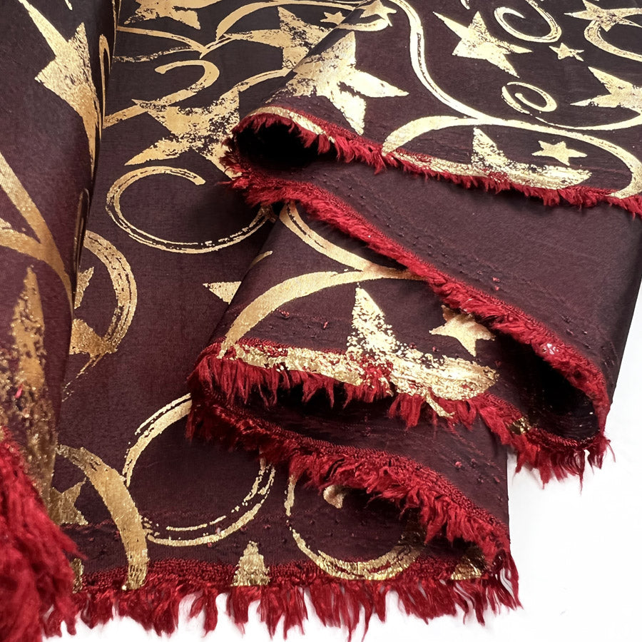 Christmas Craft Fabric Polyester Red Gold Stars Taffeta Festive Wine Roll