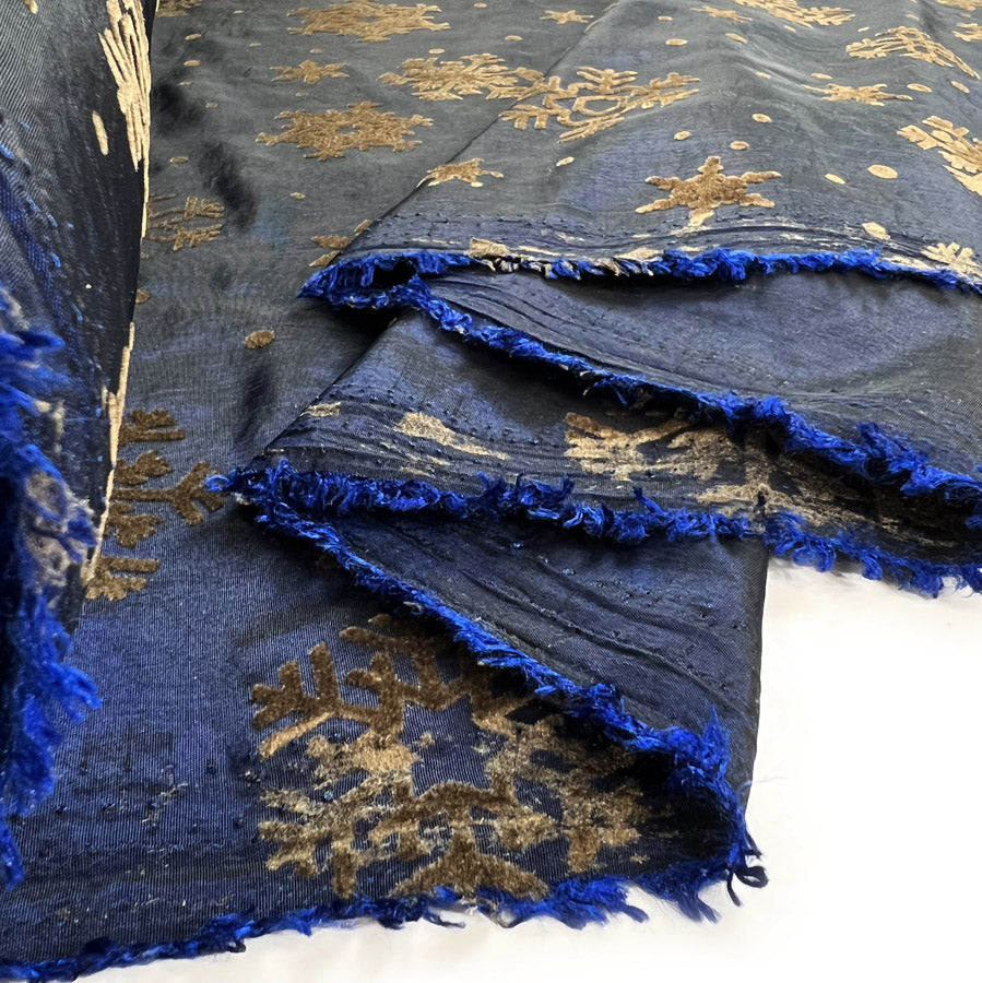 Christmas Craft Fabric Polyester Taffeta Flocked Snowflakes Blue Gold Roll