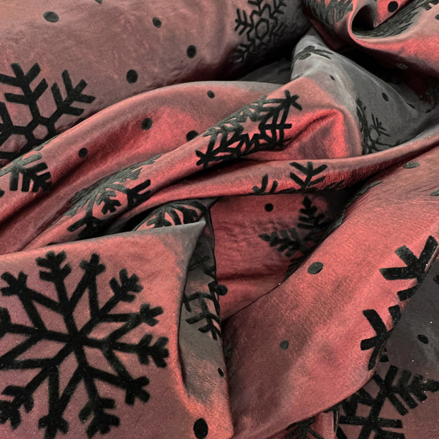 Christmas Craft Fabric Polyester Taffeta Flocked Snowflakes Red Black
