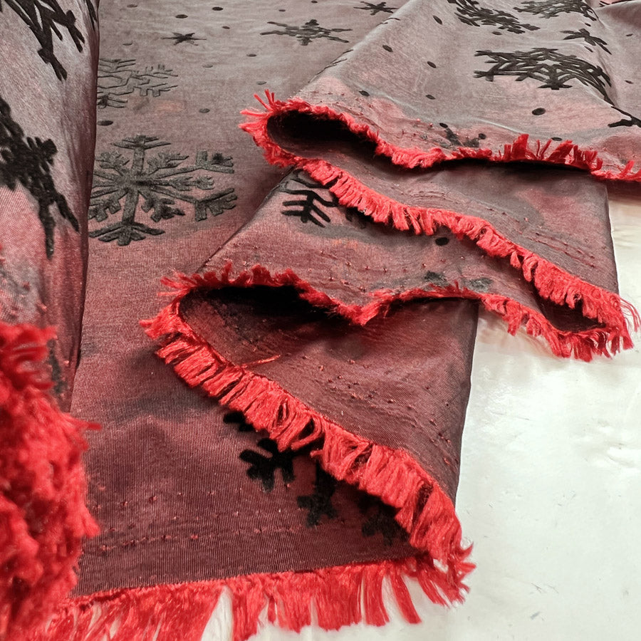 Christmas Craft Fabric Polyester Taffeta Flocked Snowflakes Red Black Roll