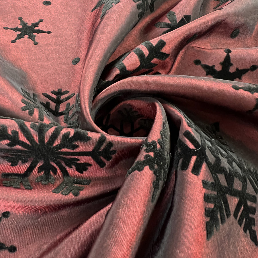 Christmas Craft Fabric Polyester Taffeta Flocked Snowflakes Red Black Twist