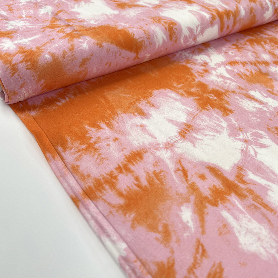 Citrus Crush Pink Orange Viscose Tie Dye Print Dress Fabric Bolt