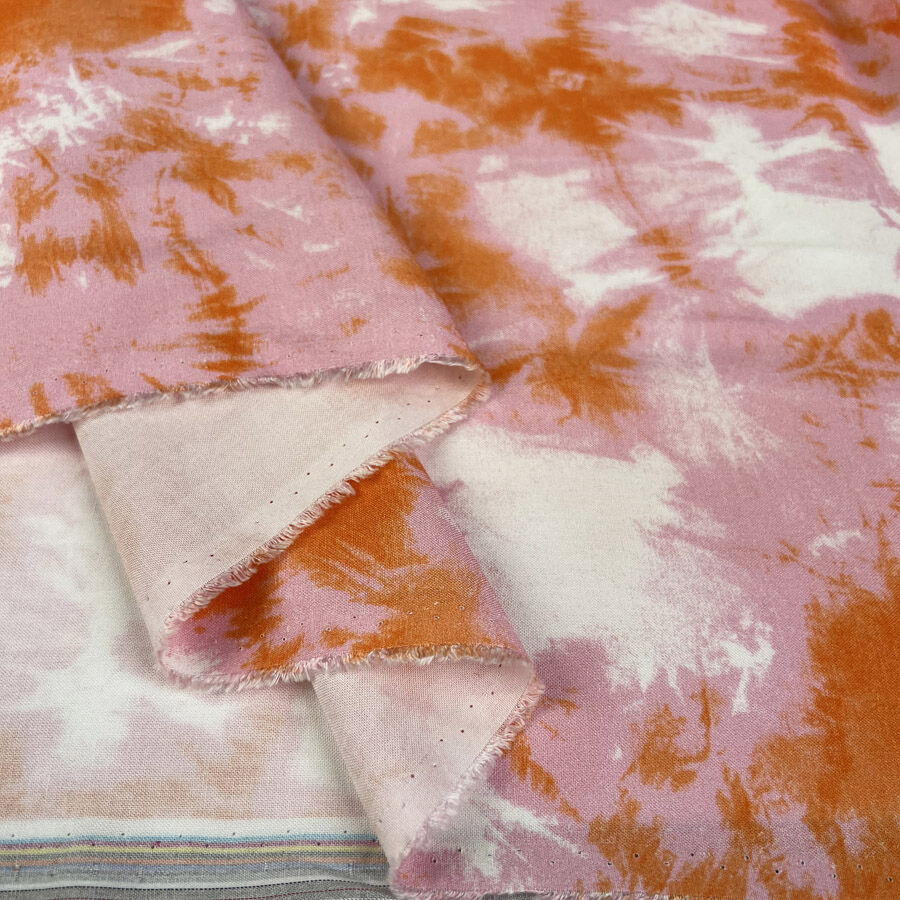 Citrus Crush Pink Orange Viscose Tie Dye Print Dress Fabric Fold