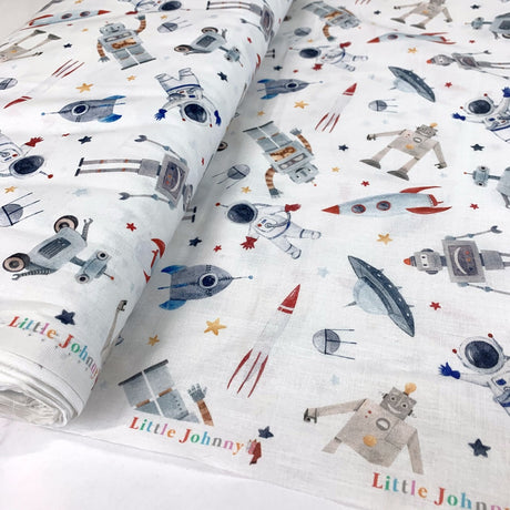 Cj Space Robots White Space Robots Cotton Dress Fabric Roll