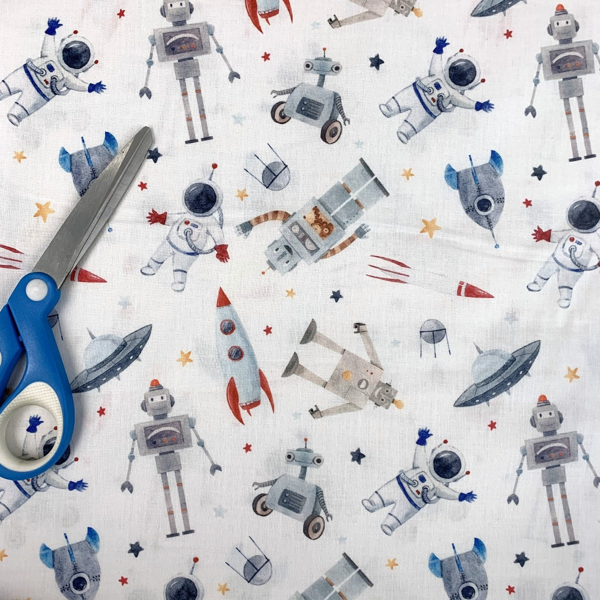 Cj Space Robots White Space Robots Cotton Dress Fabric Scale