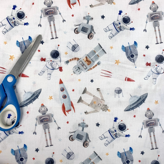 Cj Space Robots White Space Robots Cotton Dress Fabric Scale