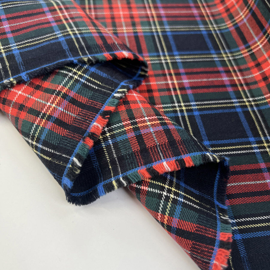 Clan Tartan Cotton Elastane Red Green Stretch Woven Shirting Fabric Fold