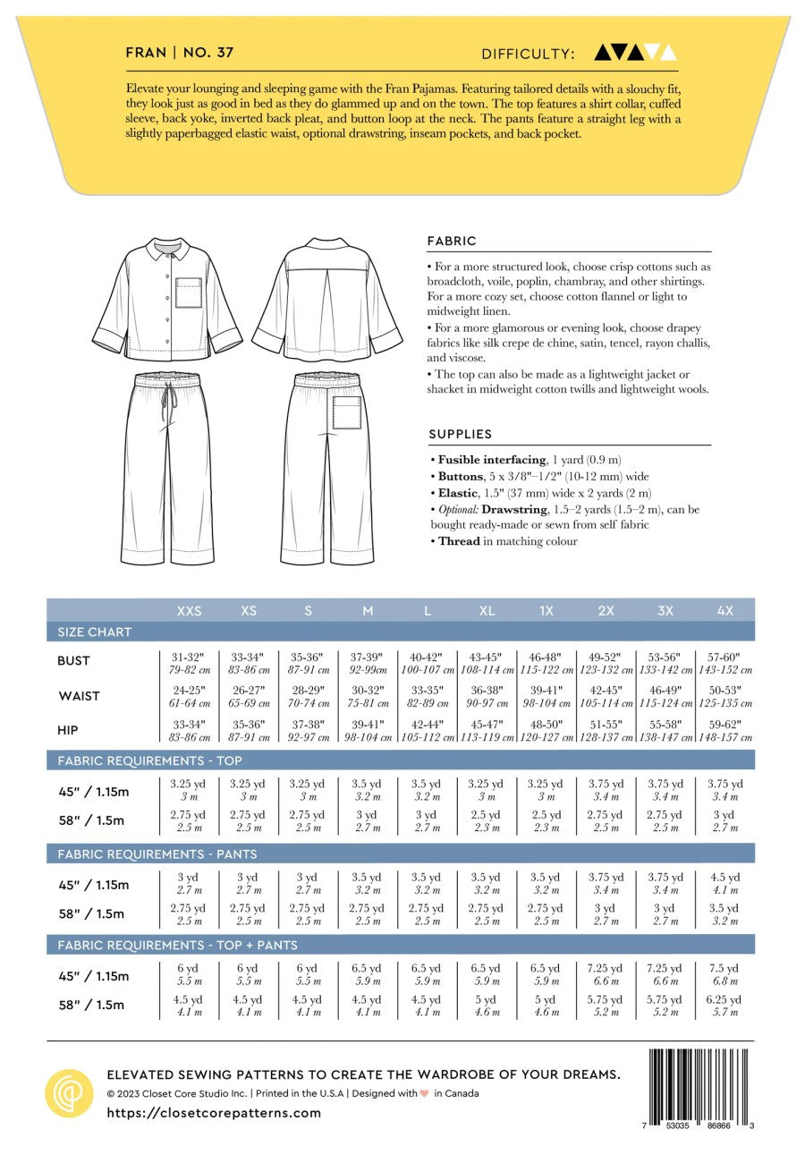 Closet core patterns fran pajamas pattern back cover
