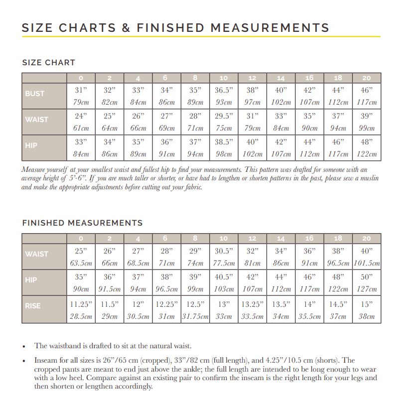 Closet Core Patterns Jenny Trousers And Overalls Size Chart