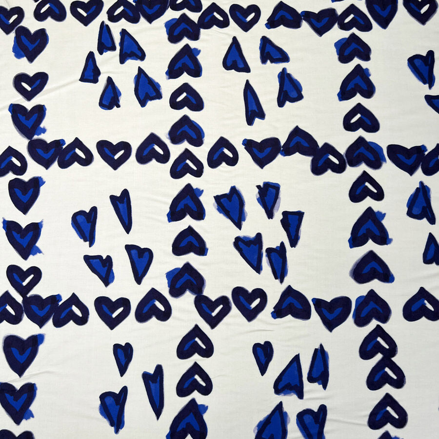 Cobalt Kiss White Blue Heart Print Viscose Dress Fabric