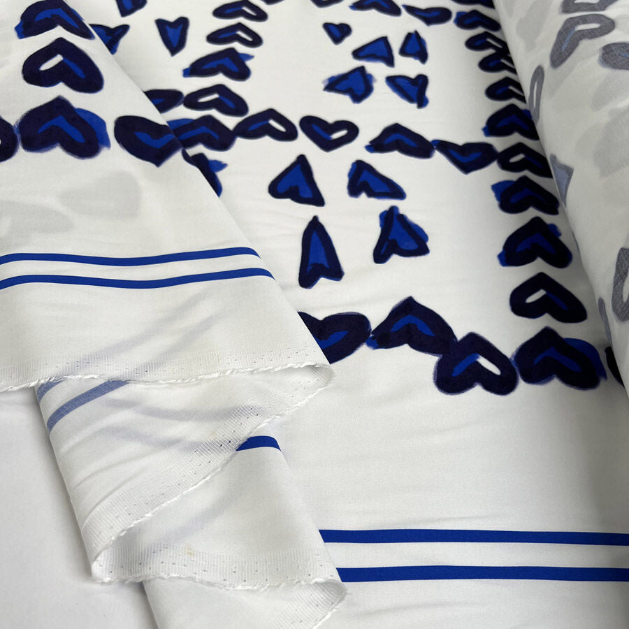 Cobalt Kiss White Blue Heart Print Viscose Dress Fabric Fold