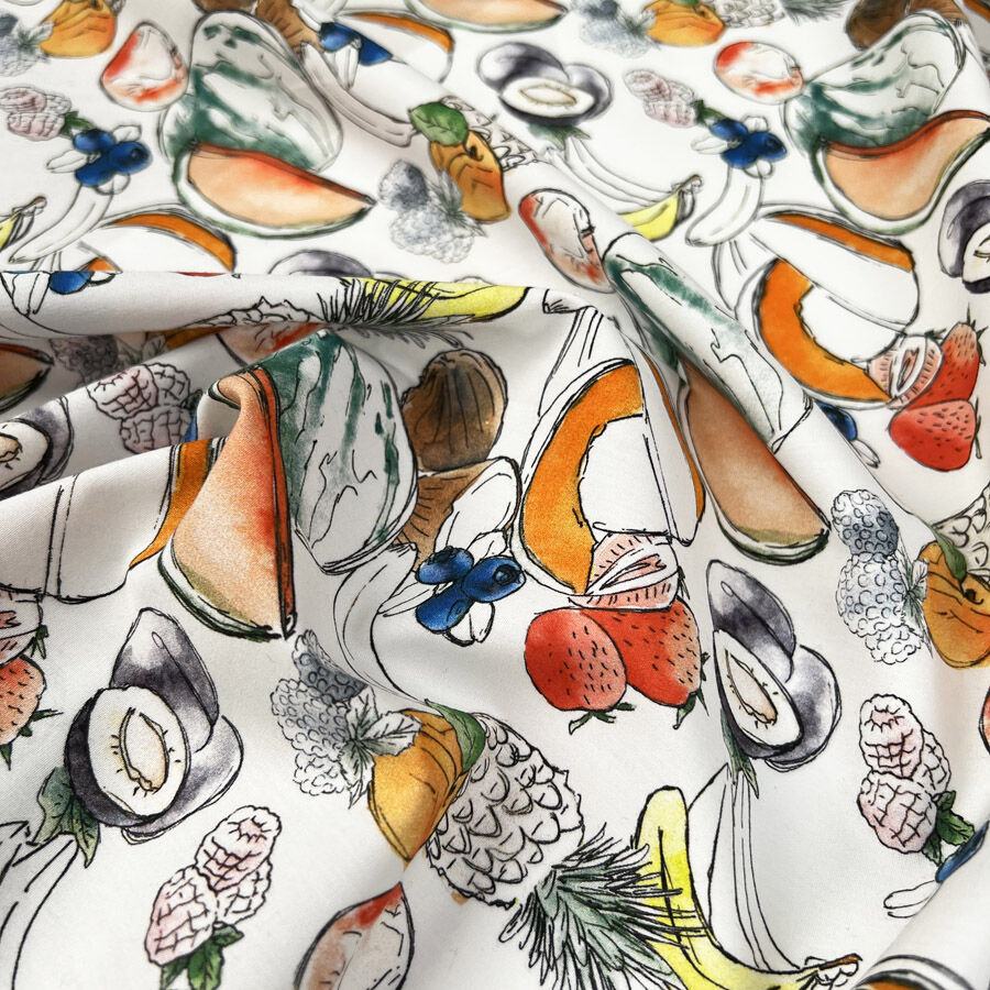 Cocktail Cotton White Fruit Print Shirting Fabric