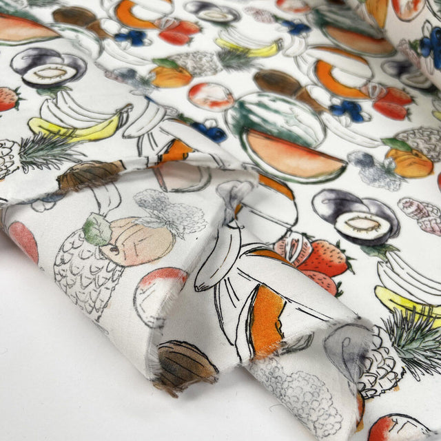 Cocktail Cotton White Fruit Print Shirting Fabric Fold