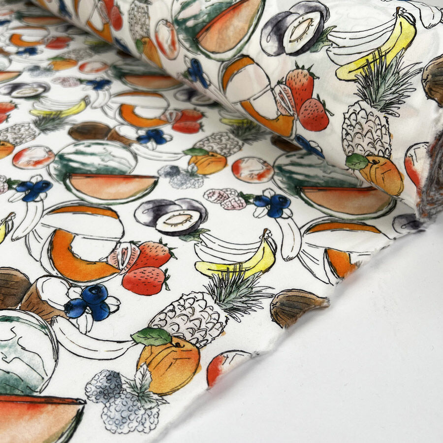 Cocktail Cotton White Fruit Print Shirting Fabric Roll