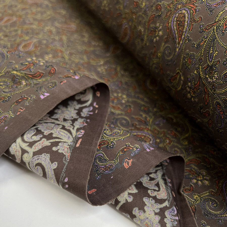 Combed Cotton Poplin Paisley Brown Multicoloured Dress Fabric Fold