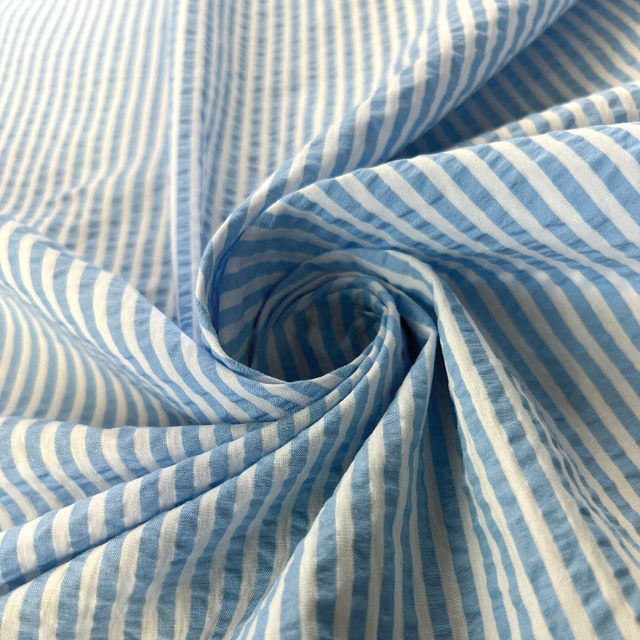 Cotton Dress Fabric Proper Seersucker Baby Blue Stripe Twist