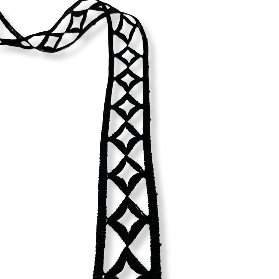 Cotton Embroidered Geometric Trim Black 32mm Wide