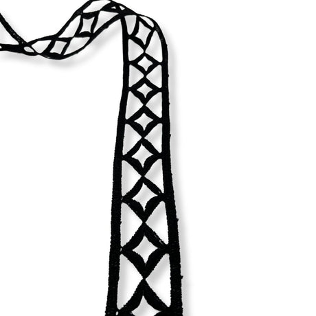 Cotton Embroidered Geometric Trim Black 32mm Wide