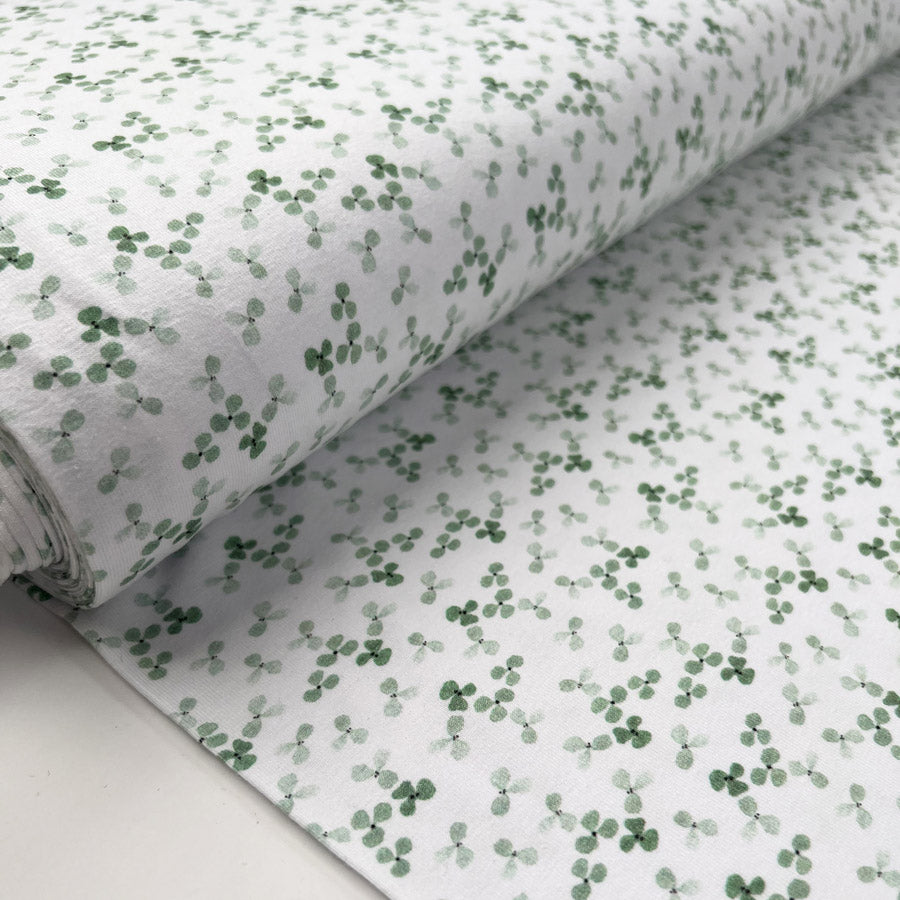 Cotton Jersey Lucky Clover White Green Floral Leaf Soft Knitted Fabric Bolt