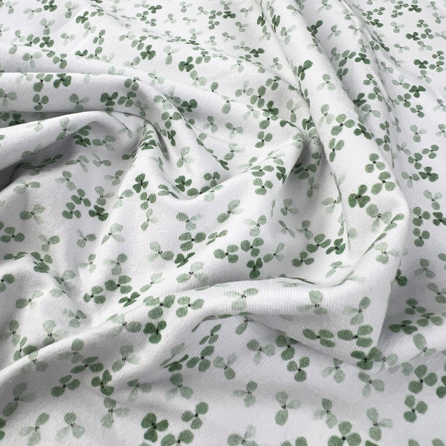 Cotton Jersey Lucky Clover White Green Floral Leaf Soft Knitted Fabric
