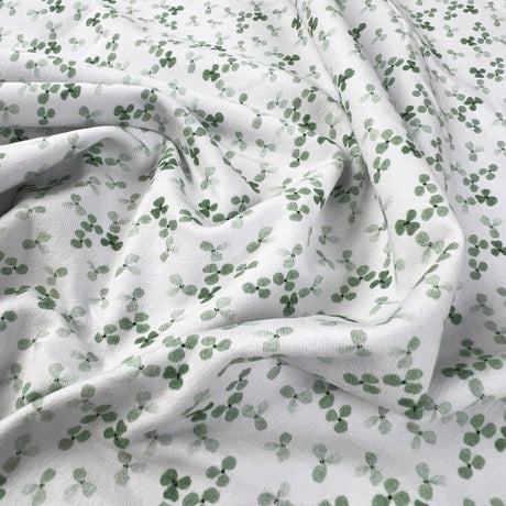 Cotton Jersey Lucky Clover White Green Floral Leaf Soft Knitted Fabric