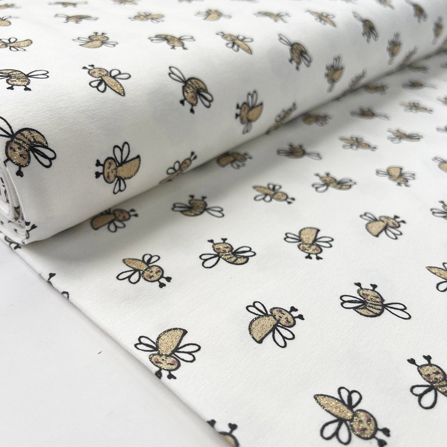 Cotton Jersey Sparkle Bee Elastane Knit Glitter Off White Gold Print Top Fabric Bolt