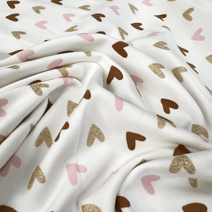 Cotton Jersey Sparkle Heart Elastane Knit Glitter Off White Gold Pink Brown Print Top Fabric