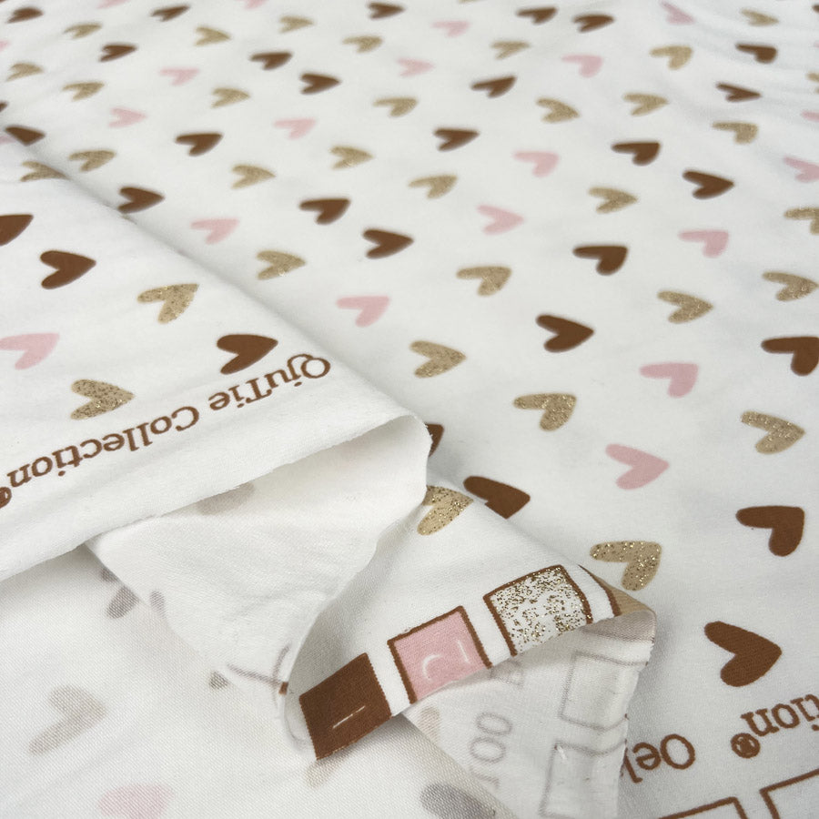 Cotton Jersey Sparkle Heart Elastane Knit Glitter Off White Gold Pink Brown Print Top Fabric Fold