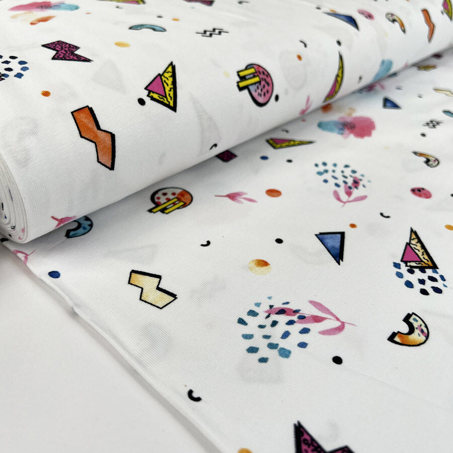 Cotton Jersey Wiggle And Zap Elastane White Knitted Abstract Fabric Bolt