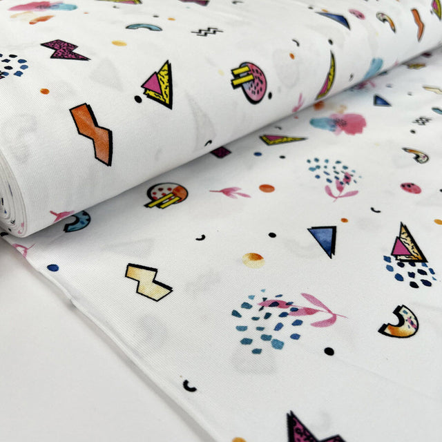 Cotton Jersey Wiggle And Zap Elastane White Knitted Abstract Fabric Bolt