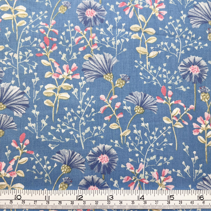 Cotton lawn dress fabic floral blue dandy ruler
